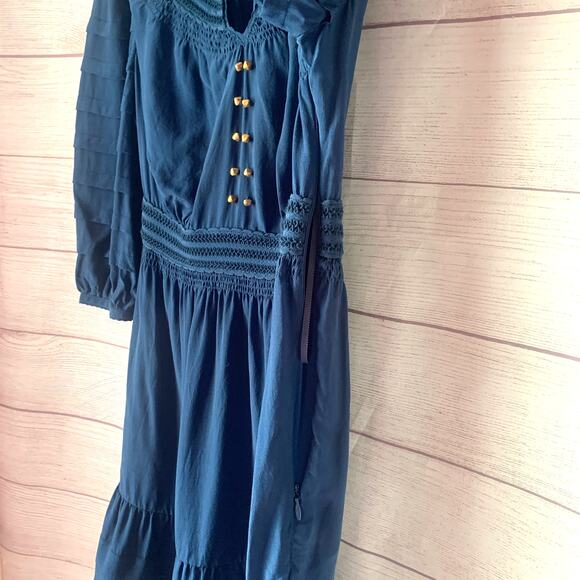 Leifsdottir Blue Dress Gold Beads Tiered Ruffle 3/4 Sleeve Twilight Alice Size 4 - Picture 12 of 16